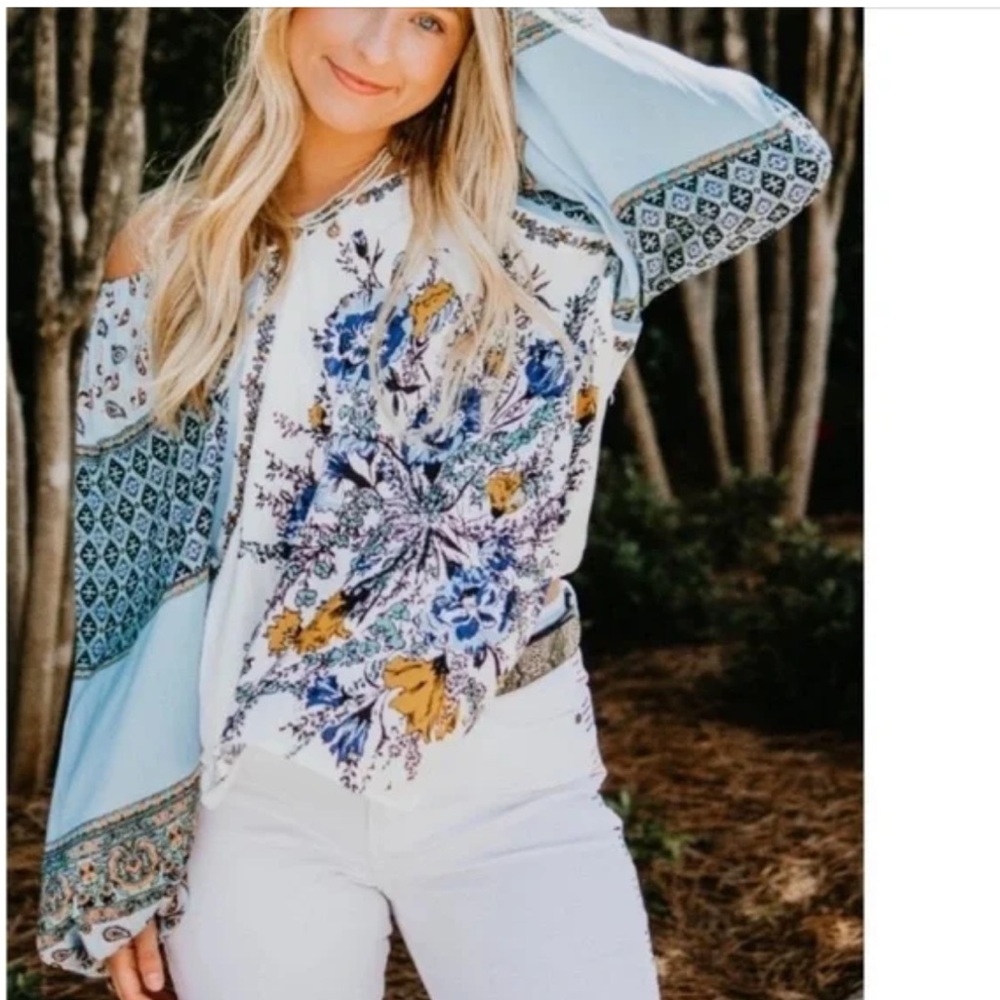 Free People Positano Print Blouse Ivory Combo Floral Paisley Medium